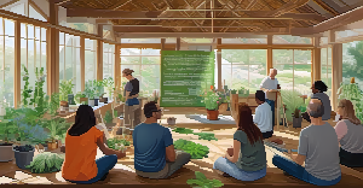 A workshop on a regenerative farm with participants learning about sustainable practices and entheogenic plants in a bright, natural setting.