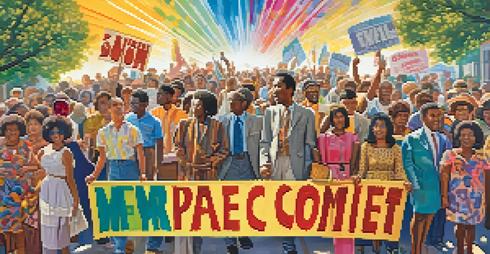 A colorful 1960s protest scene with diverse individuals holding signs for peace and civil rights, surrounded by psychedelic patterns and sunlight filtering through trees.
