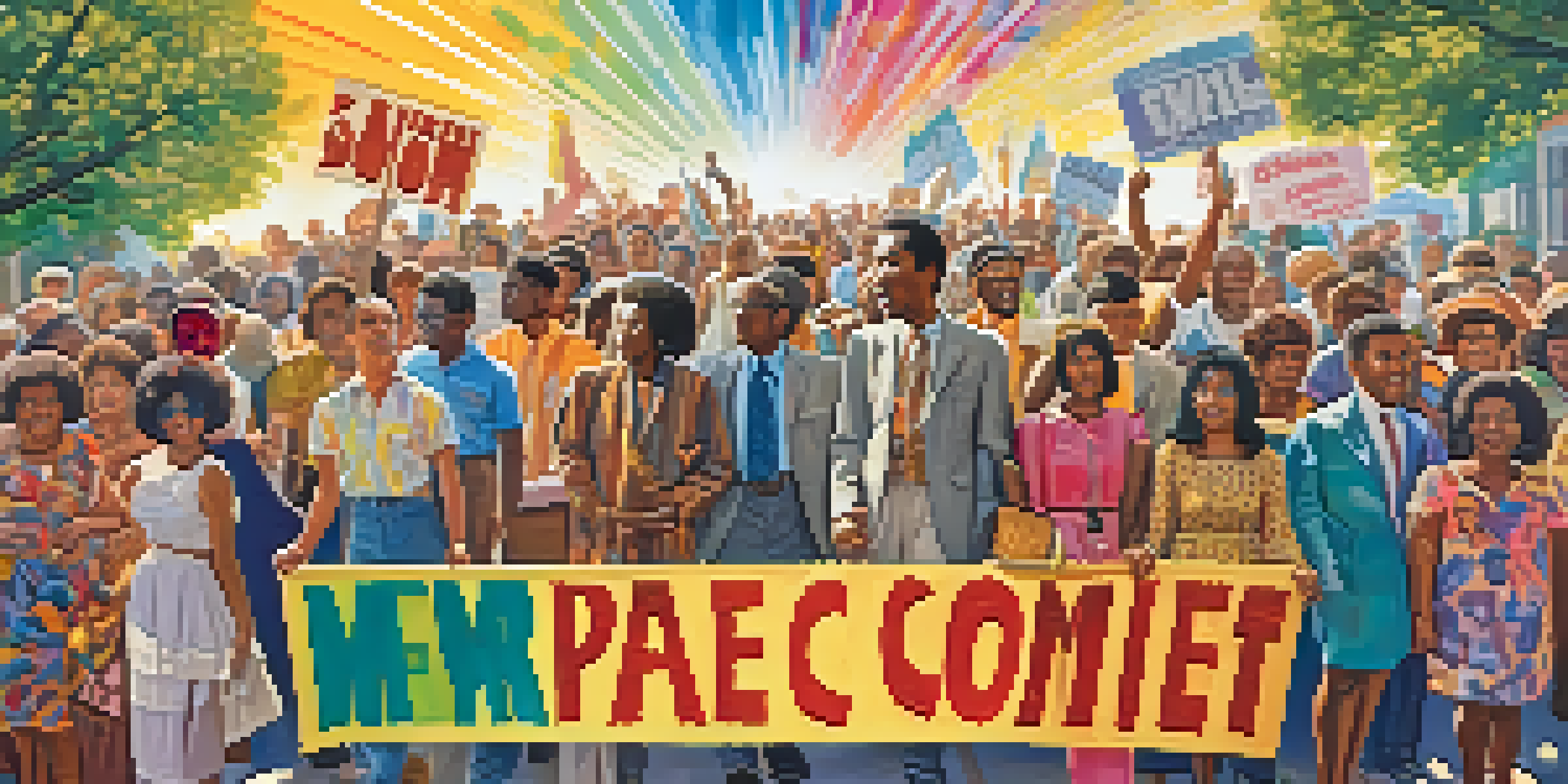 A colorful 1960s protest scene with diverse individuals holding signs for peace and civil rights, surrounded by psychedelic patterns and sunlight filtering through trees.