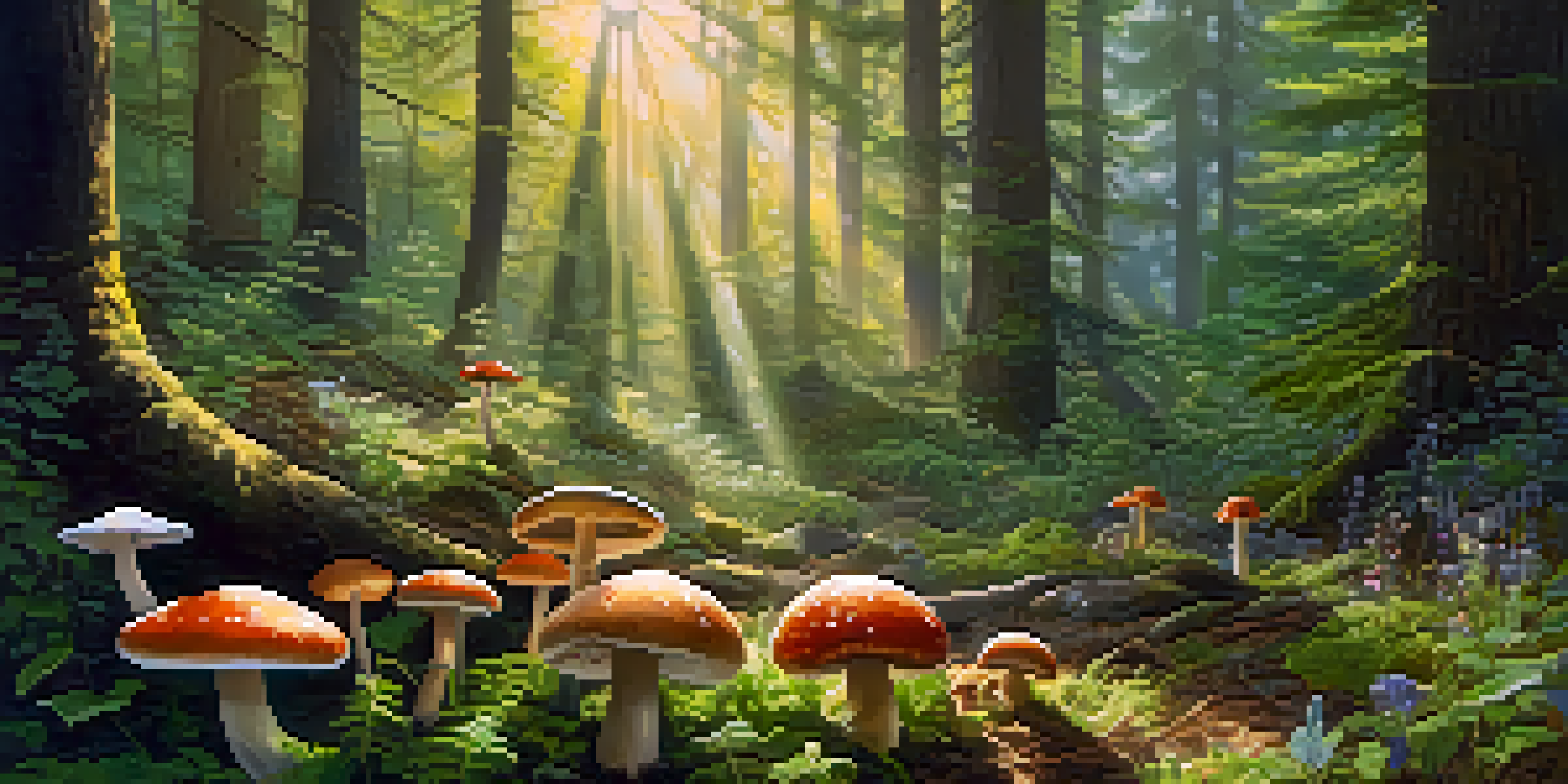 A peaceful forest with vibrant wildflowers and mushrooms, illuminated by soft morning light.