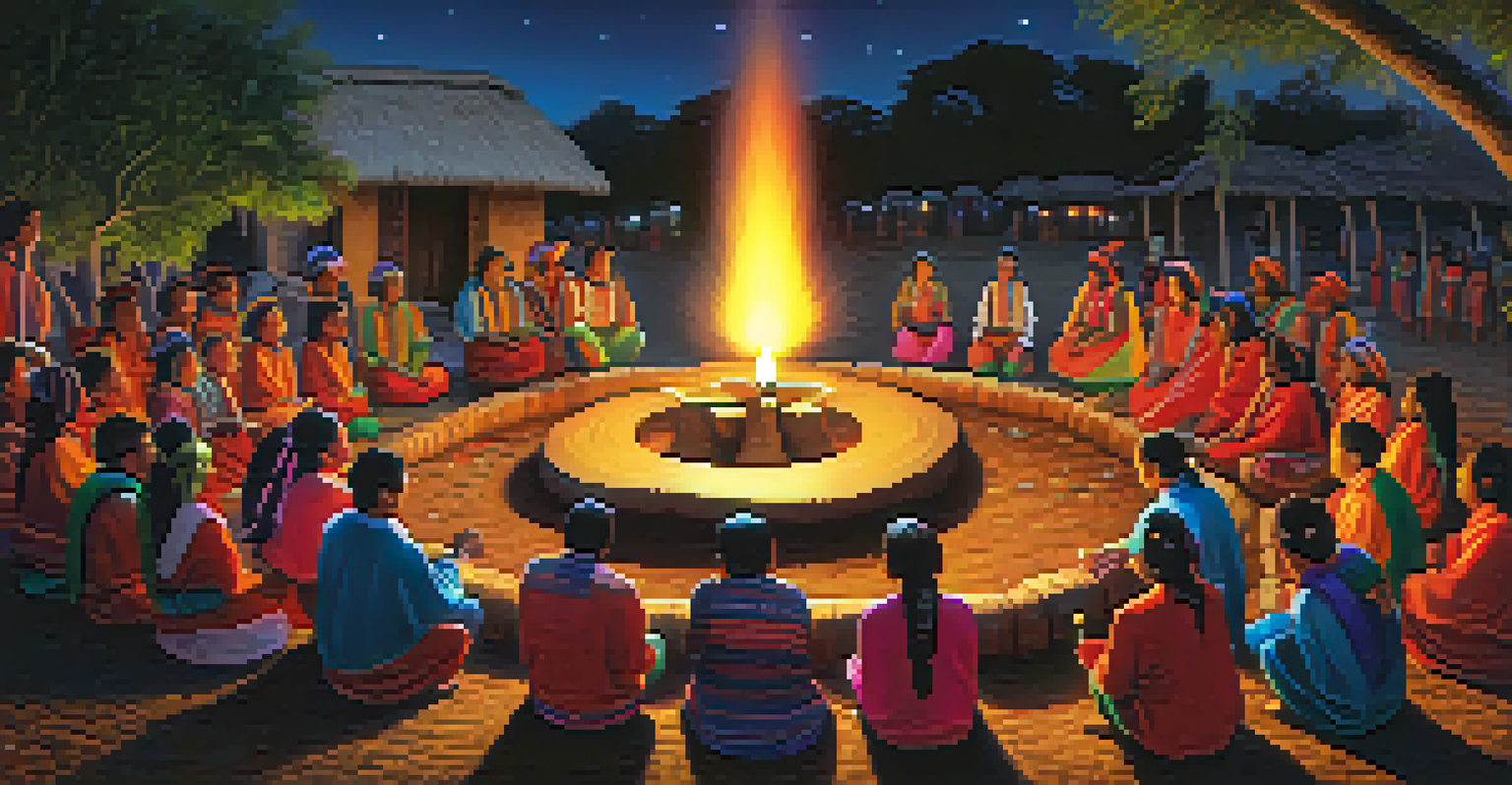 Participants gathered in a circle during a mushroom ritual under a starlit sky, dressed in colorful traditional clothing, with candles illuminating their faces.
