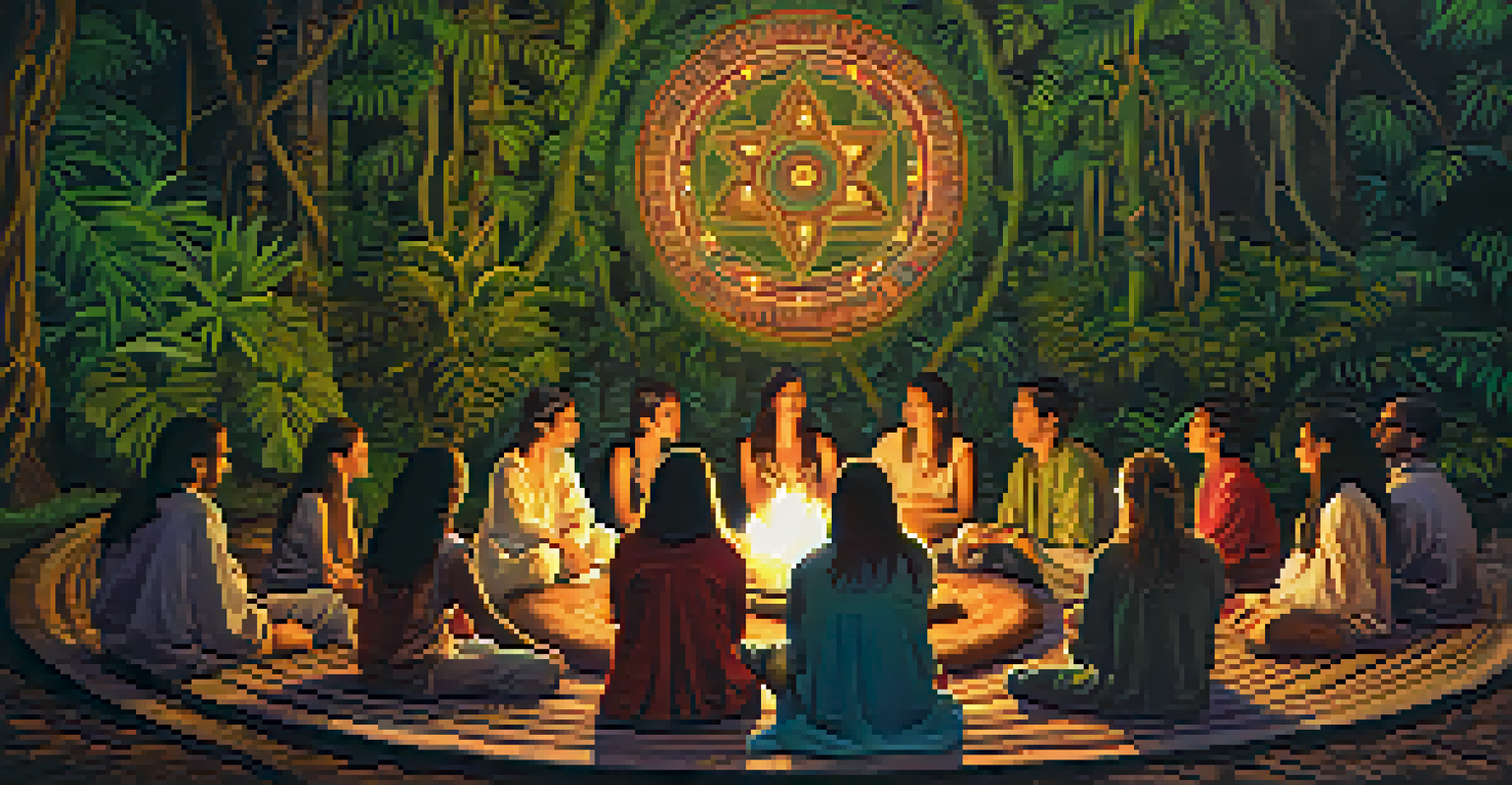 A group of people in a circle during an ayahuasca ceremony in a warmly lit room.