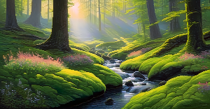 A peaceful ancient forest at dawn with mist, sunlight filtering through trees, and a small stream.