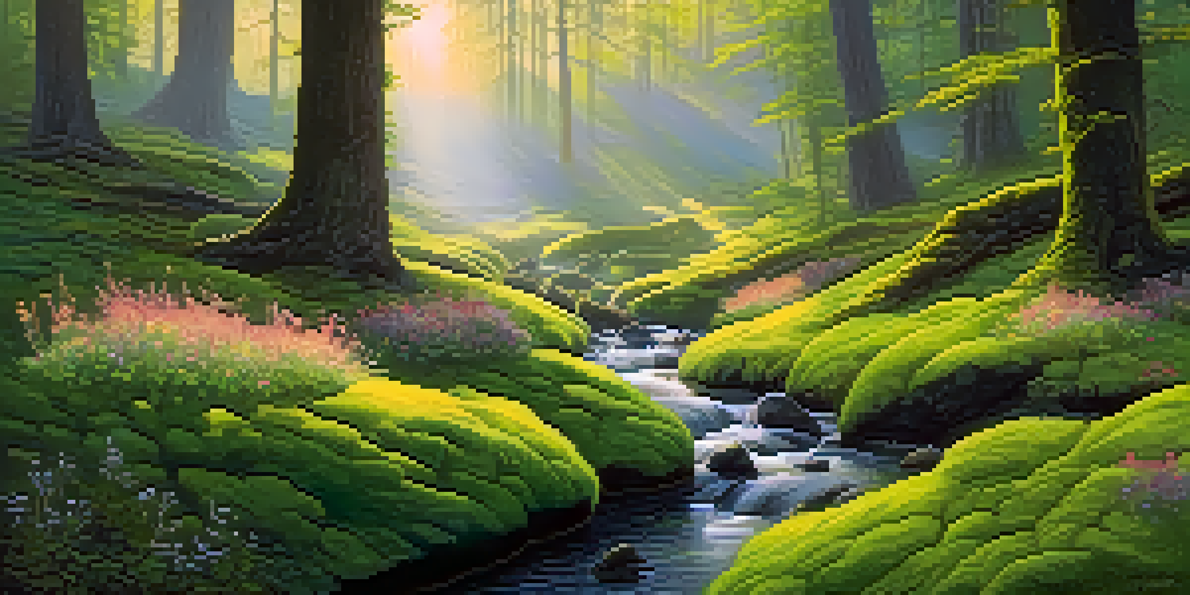 A peaceful ancient forest at dawn with mist, sunlight filtering through trees, and a small stream.