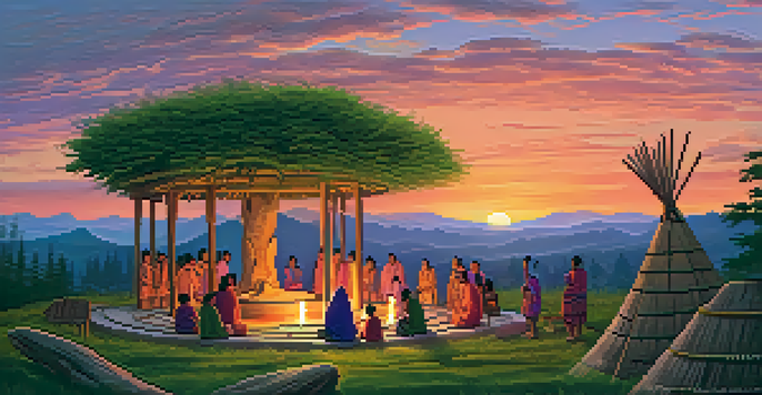 A peaceful indigenous ceremonial site at sunset with participants in traditional attire and vibrant colors in the sky.