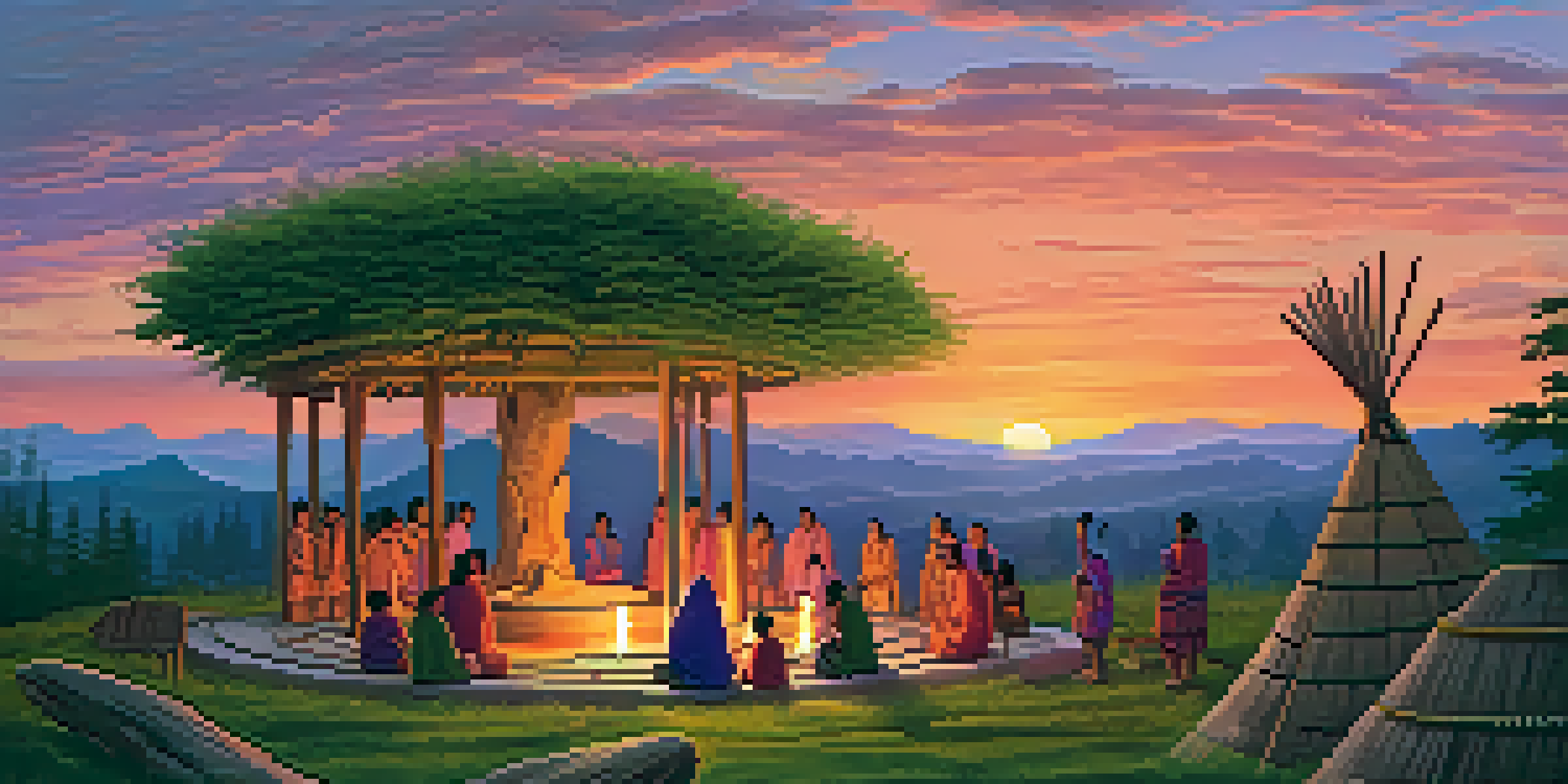 A peaceful indigenous ceremonial site at sunset with participants in traditional attire and vibrant colors in the sky.