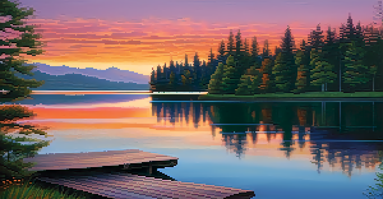 A beautiful lakeside view at sunset with vibrant sky reflections and a wooden dock.