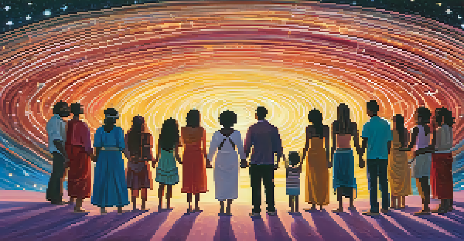 A diverse group of people holding hands in a circle under a starlit sky, surrounded by vibrant colors symbolizing interconnectedness.