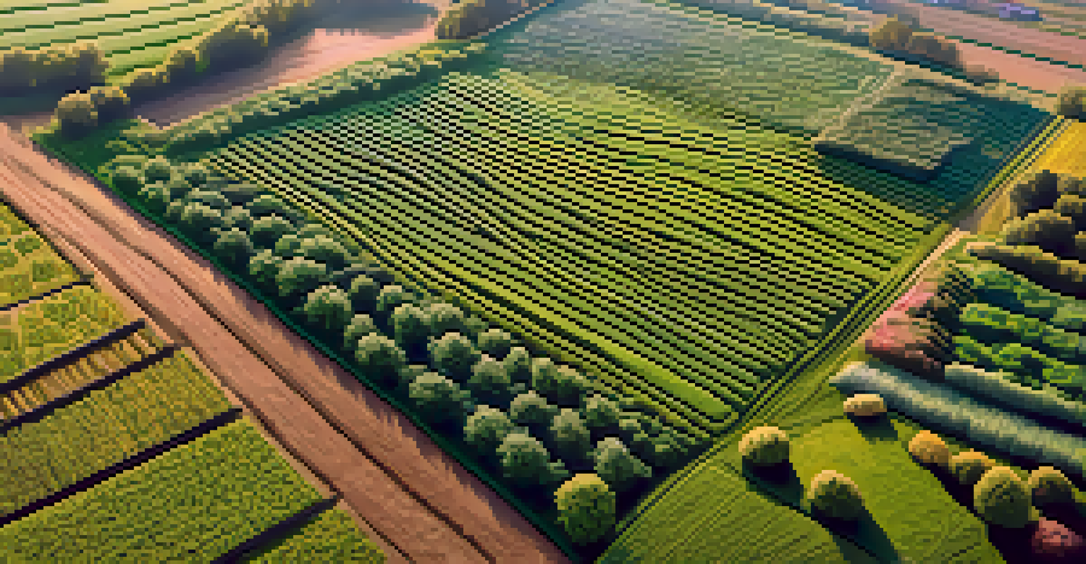Aerial view of a farm with sections of green cover crops and arranged entheogenic plants under warm morning light.