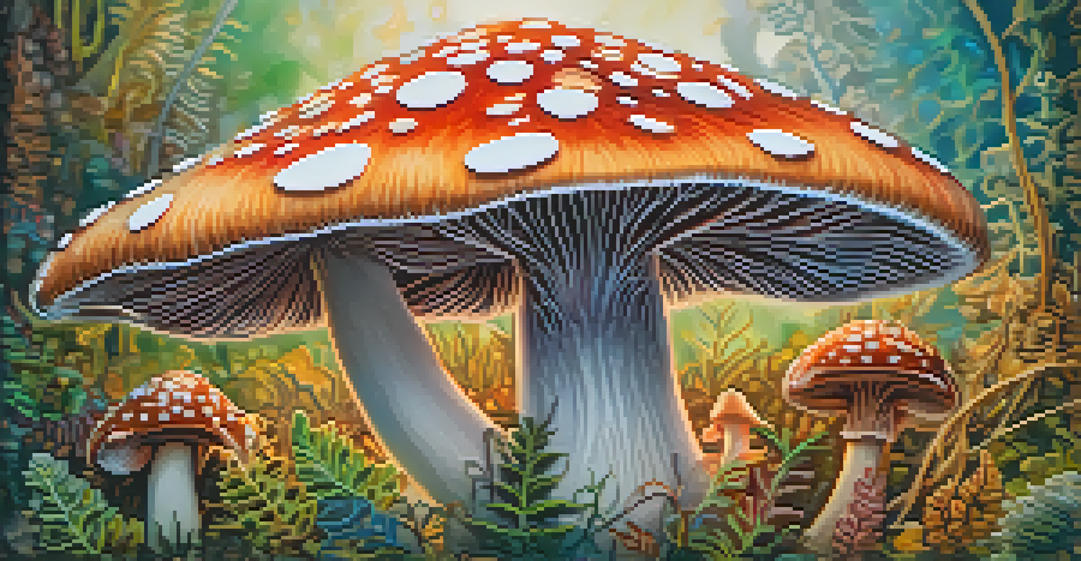 A close-up view of a colorful psychedelic mushroom with detailed textures against a blurred, abstract background.
