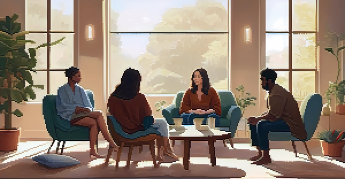 A cozy group therapy session with participants seated in a circle, surrounded by plants and soft lighting.
