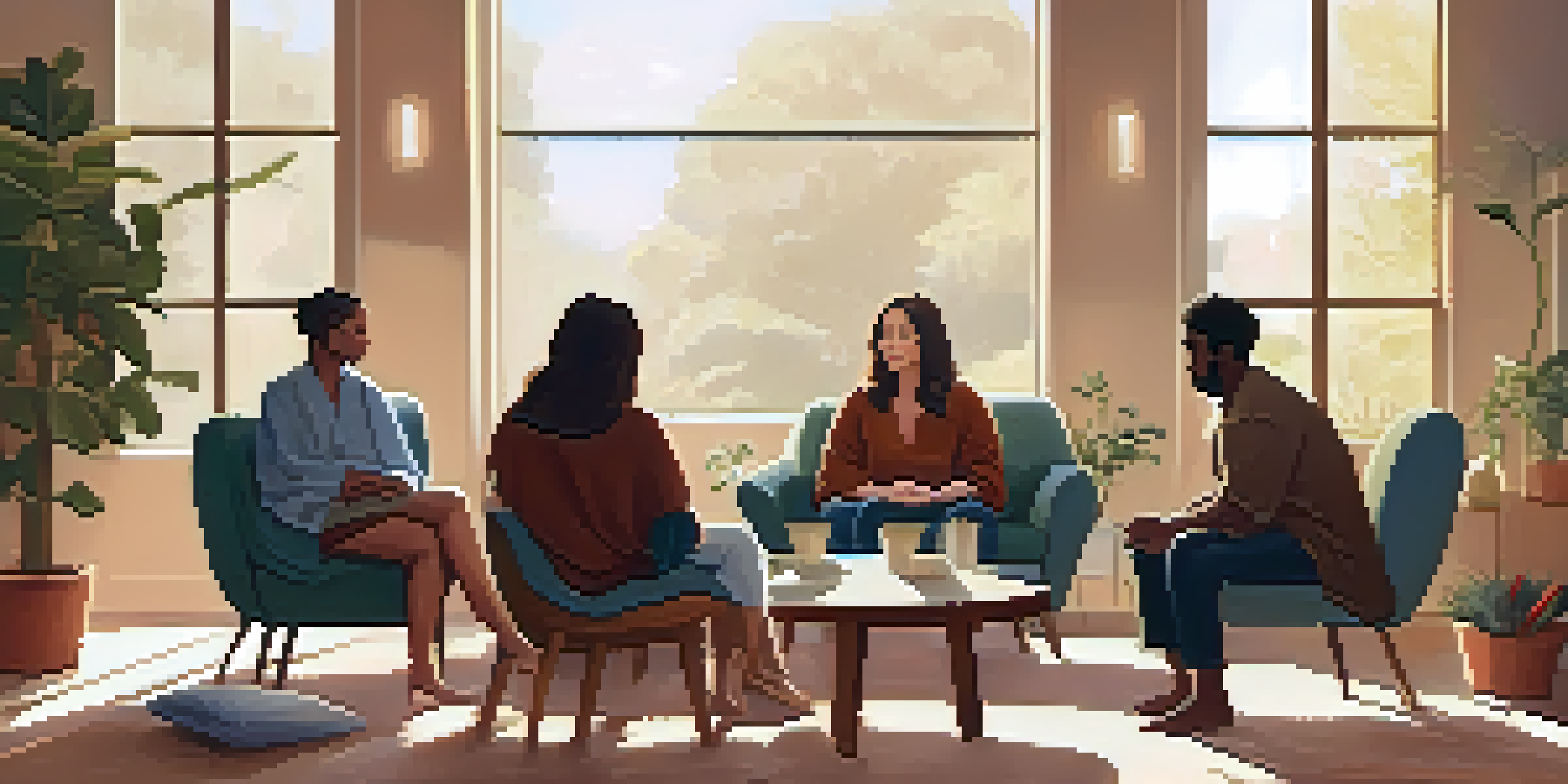 A cozy group therapy session with participants seated in a circle, surrounded by plants and soft lighting.