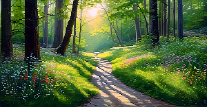 A peaceful forest at dawn with sunlight shining through trees and colorful wildflowers in the foreground.