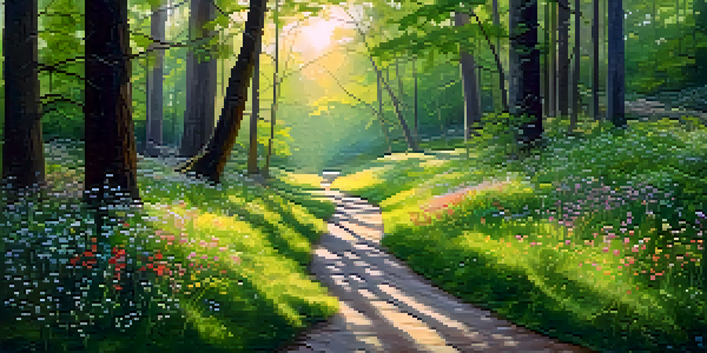 A peaceful forest at dawn with sunlight shining through trees and colorful wildflowers in the foreground.