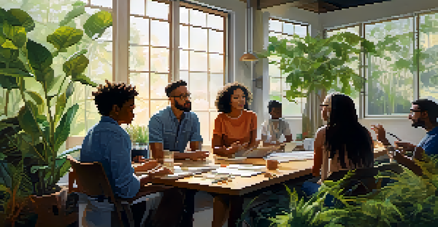 A modern workshop with diverse participants discussing entheogenic practices, surrounded by plants and natural decor.