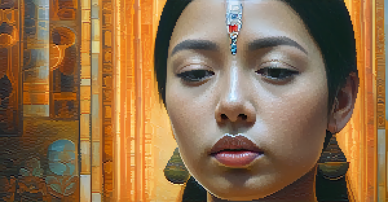A close-up of a participant in deep reflection during a ritual, with soft light illuminating their peaceful expression, and blurred figures of others in the background.