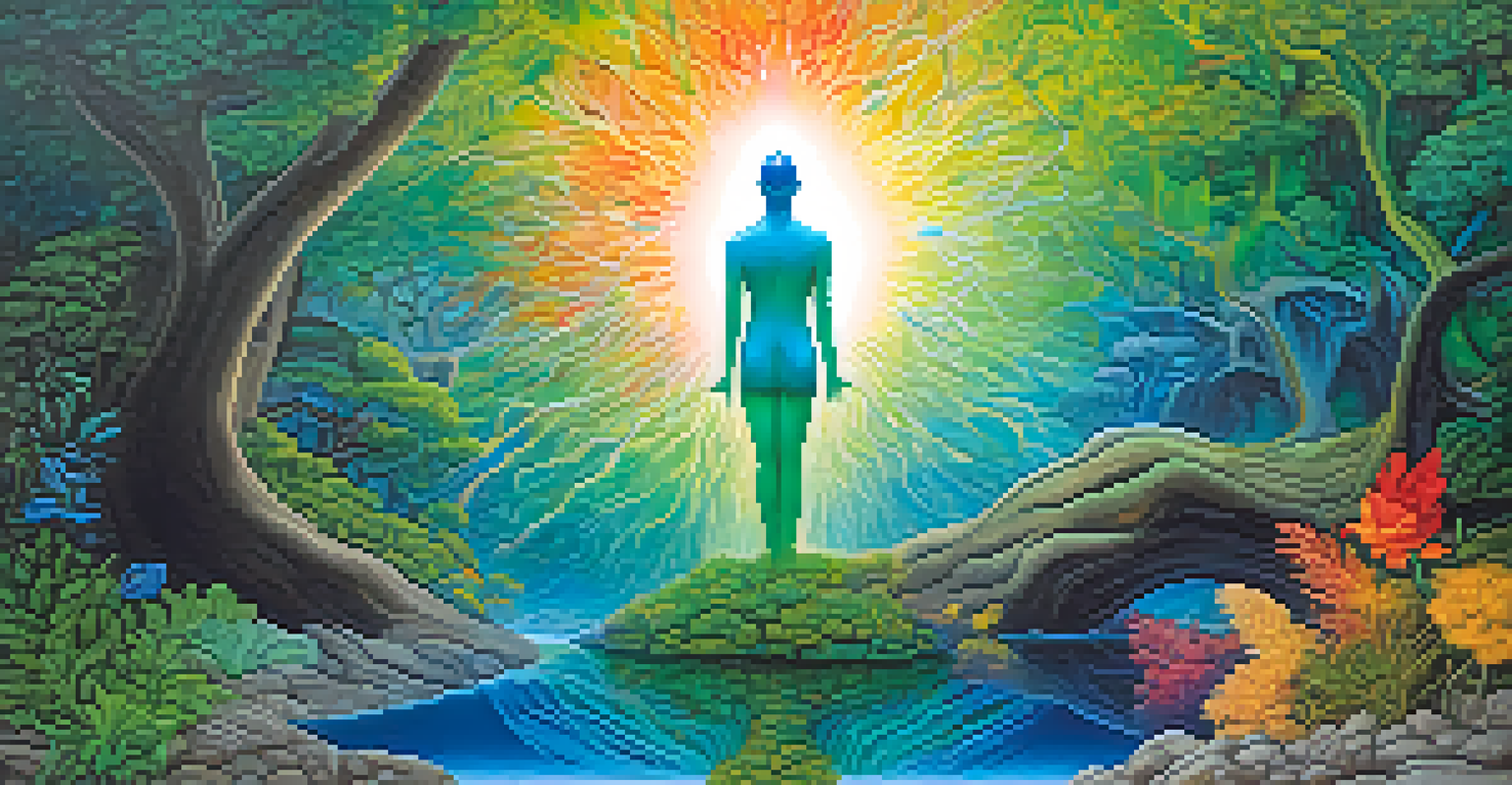 An abstract image showing a figure with a colorful aura surrounded by elements of nature, symbolizing the connection between ego and eco.