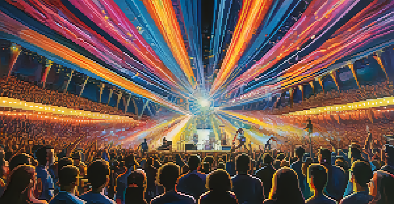 An abstract concert scene with a dynamic crowd, vibrant lights, and intricate patterns around a band on stage.