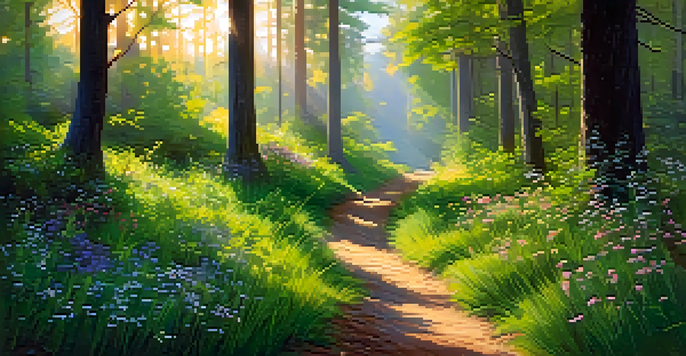 A peaceful forest with sunlight filtering through leaves, colorful wildflowers, and a winding path.