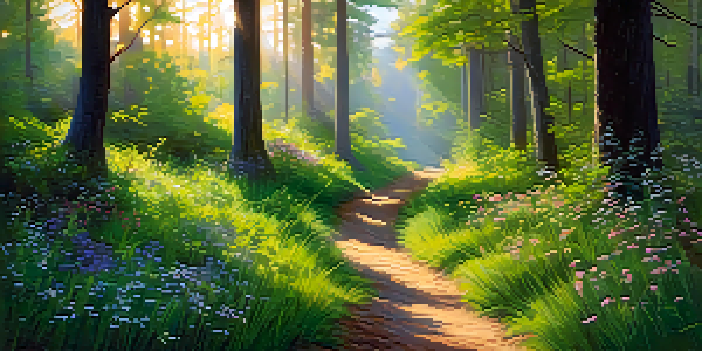 A peaceful forest with sunlight filtering through leaves, colorful wildflowers, and a winding path.