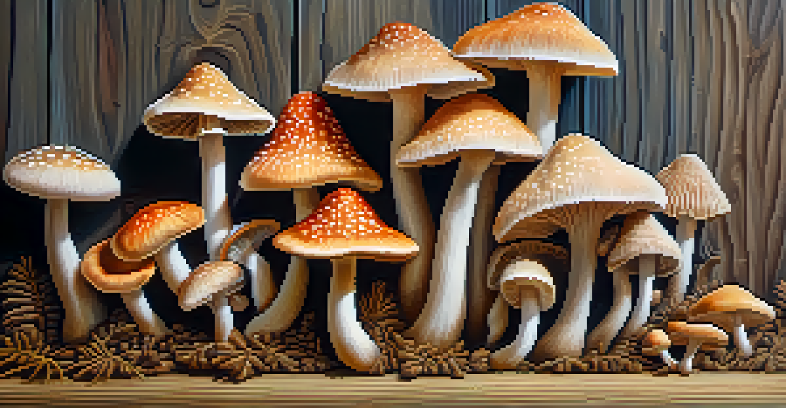 Close-up of colorful psilocybin mushrooms on a wooden surface, with a blurred background.