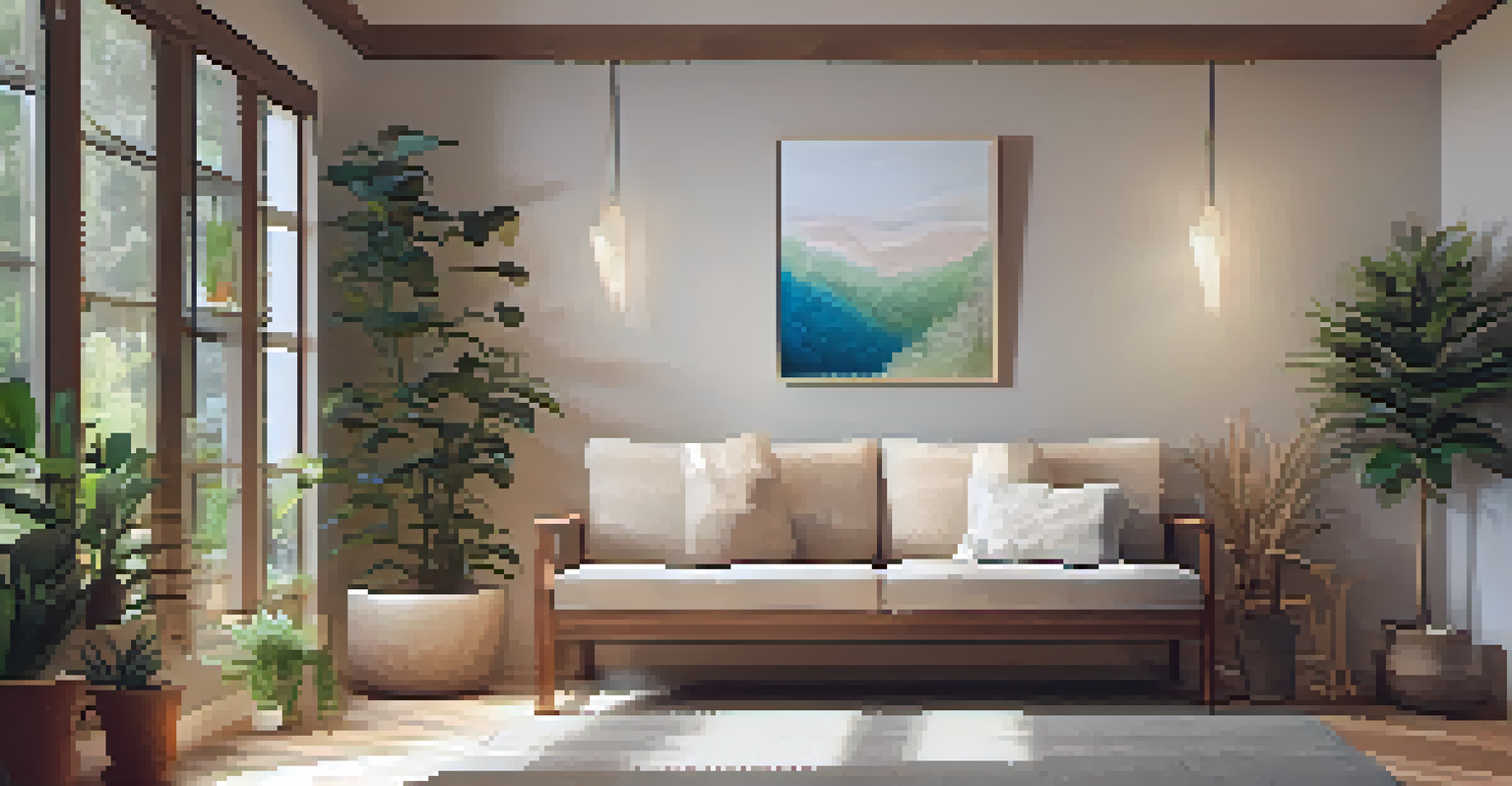 A warm and inviting therapy room with a sofa, soft lighting, plants, and calming artwork.