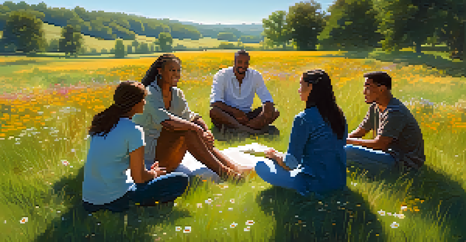 A group of diverse individuals sitting in a circle on a meadow, sharing experiences in a warm, sunny environment.
