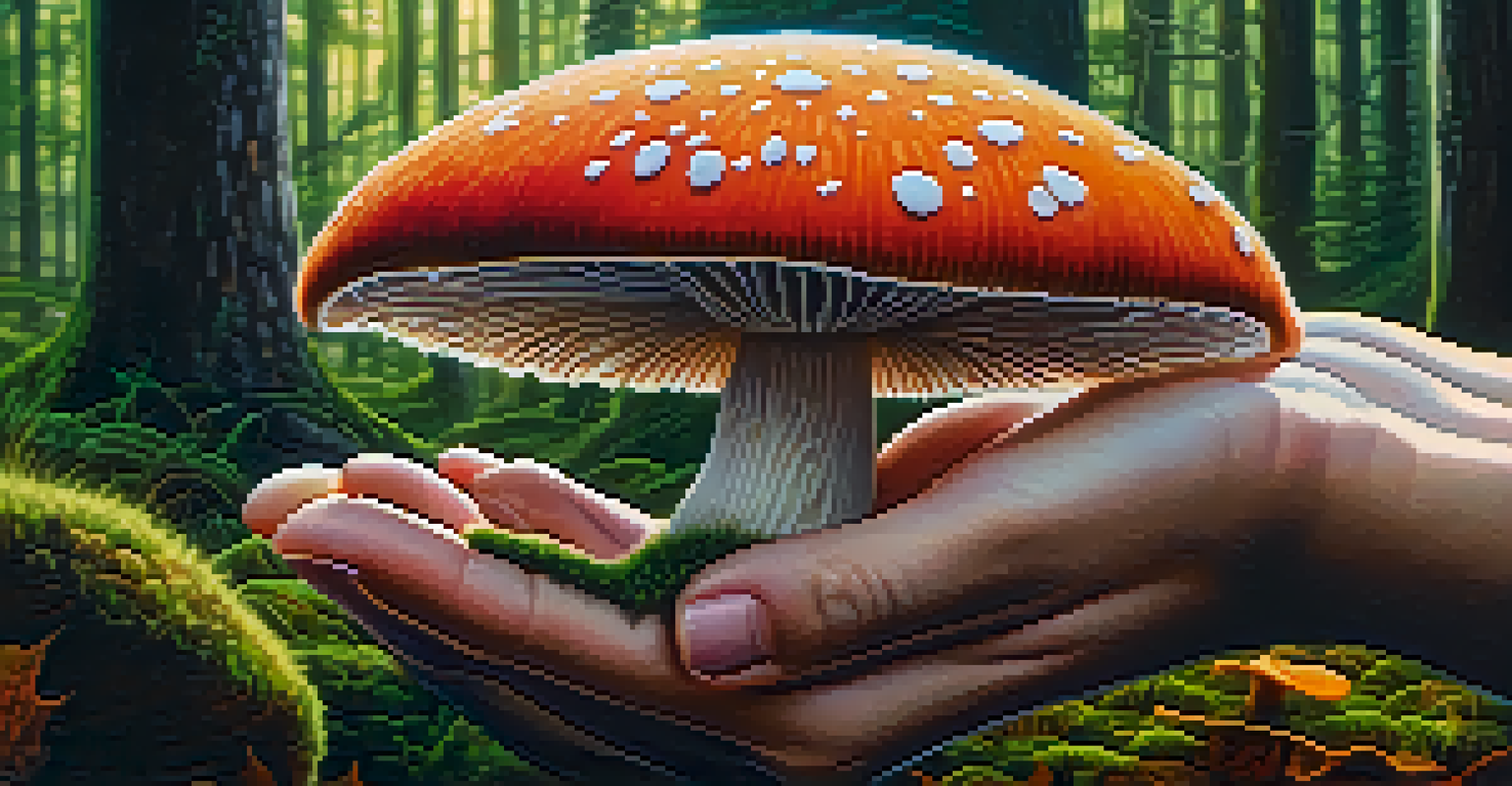 A hand holding a colorful mushroom in a green forest, surrounded by moss and leaves.