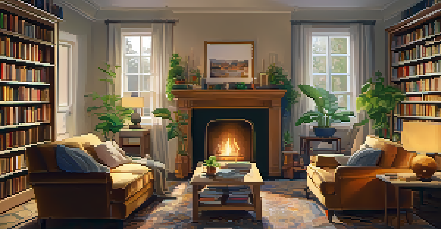 An elderly couple sitting in a warm living room with a fireplace, surrounded by books and plants.