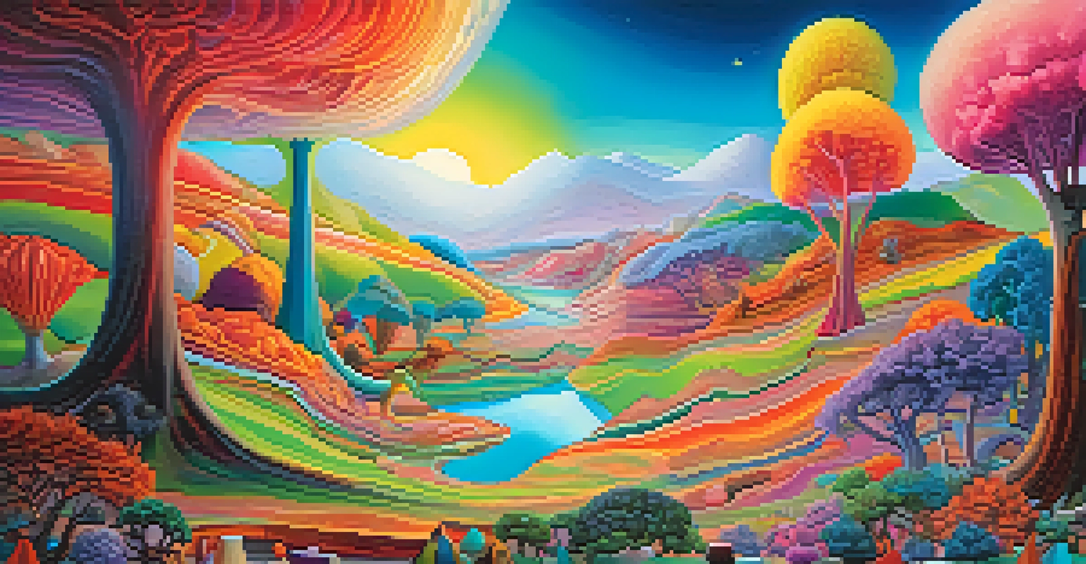 A surreal landscape with swirling vibrant colors and abstract shapes, evoking a dreamlike and psychedelic atmosphere.