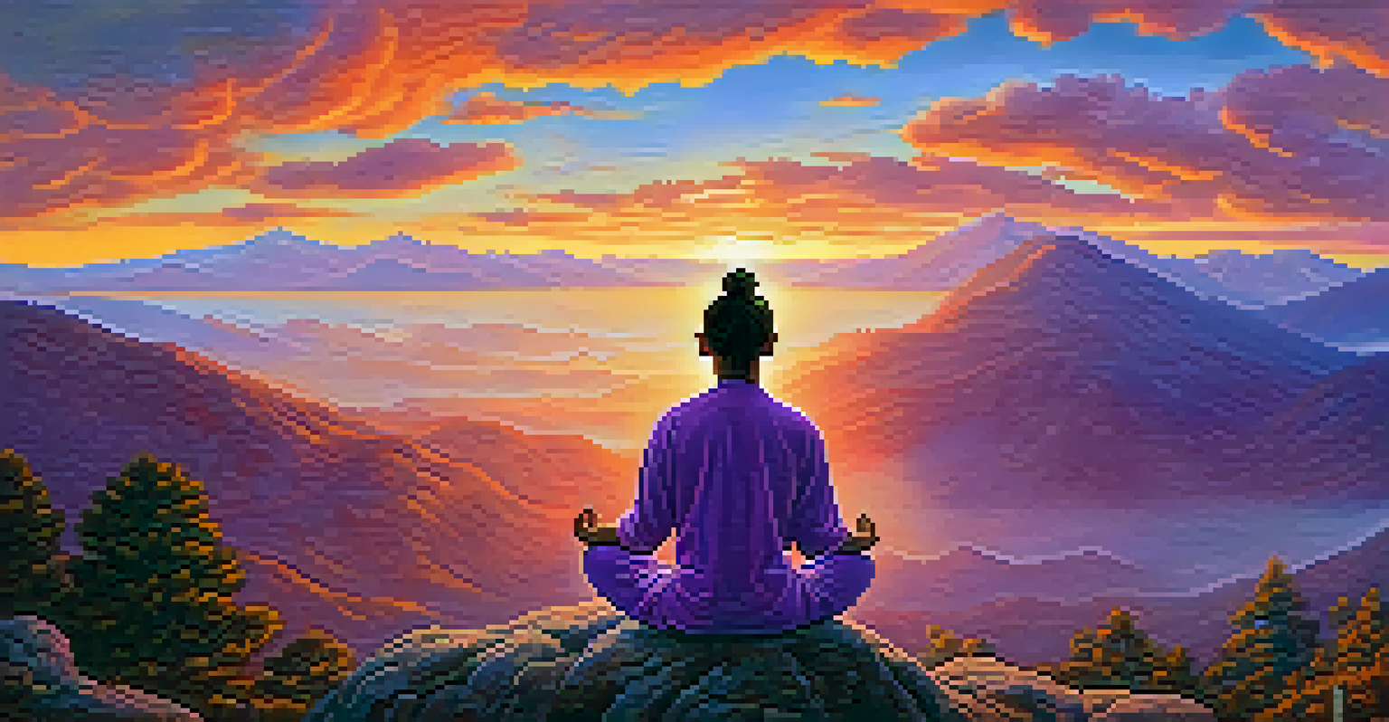 A yogi meditating on a mountaintop at sunrise, surrounded by mountains and a colorful sky.