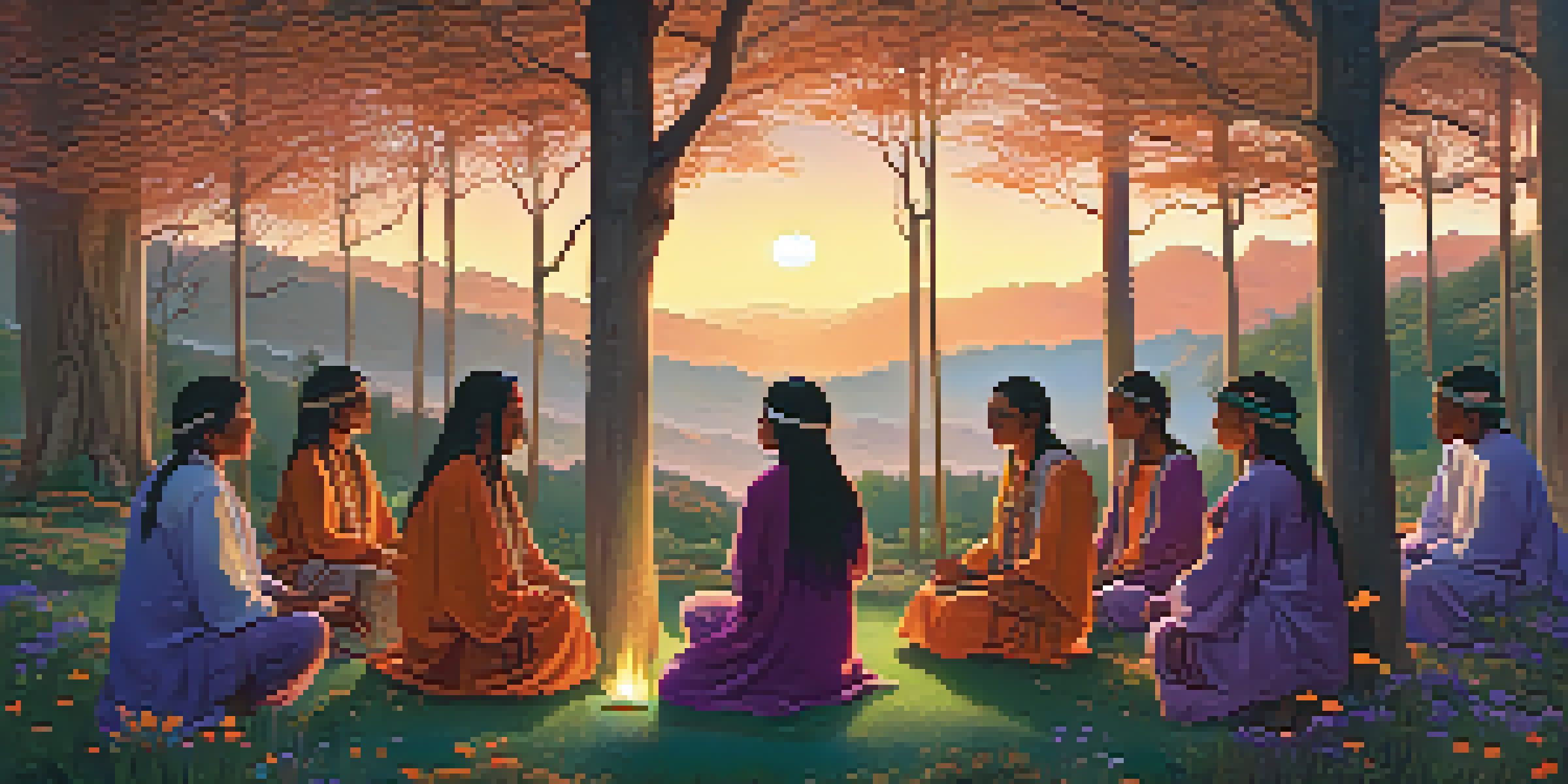 A peaceful gathering of indigenous people in a forest during a peyote ceremony at sunset, with warm colors and traditional attire.