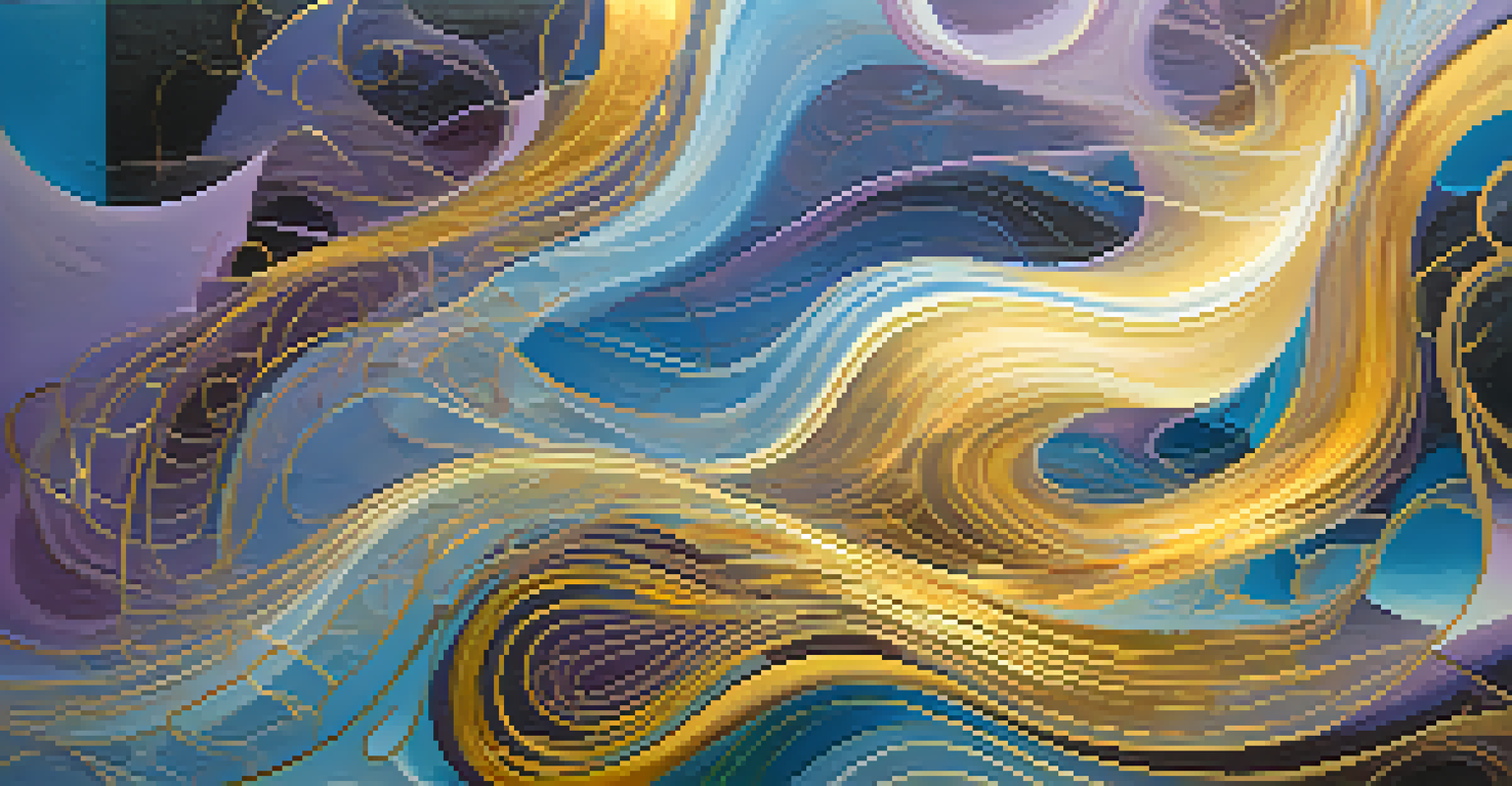 An abstract design with swirling patterns of blue, purple, and gold representing unity and interconnectedness.