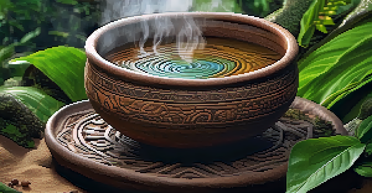 A close-up of a traditional Ayahuasca brew in a rustic clay cup with steam rising, set against lush green leaves.