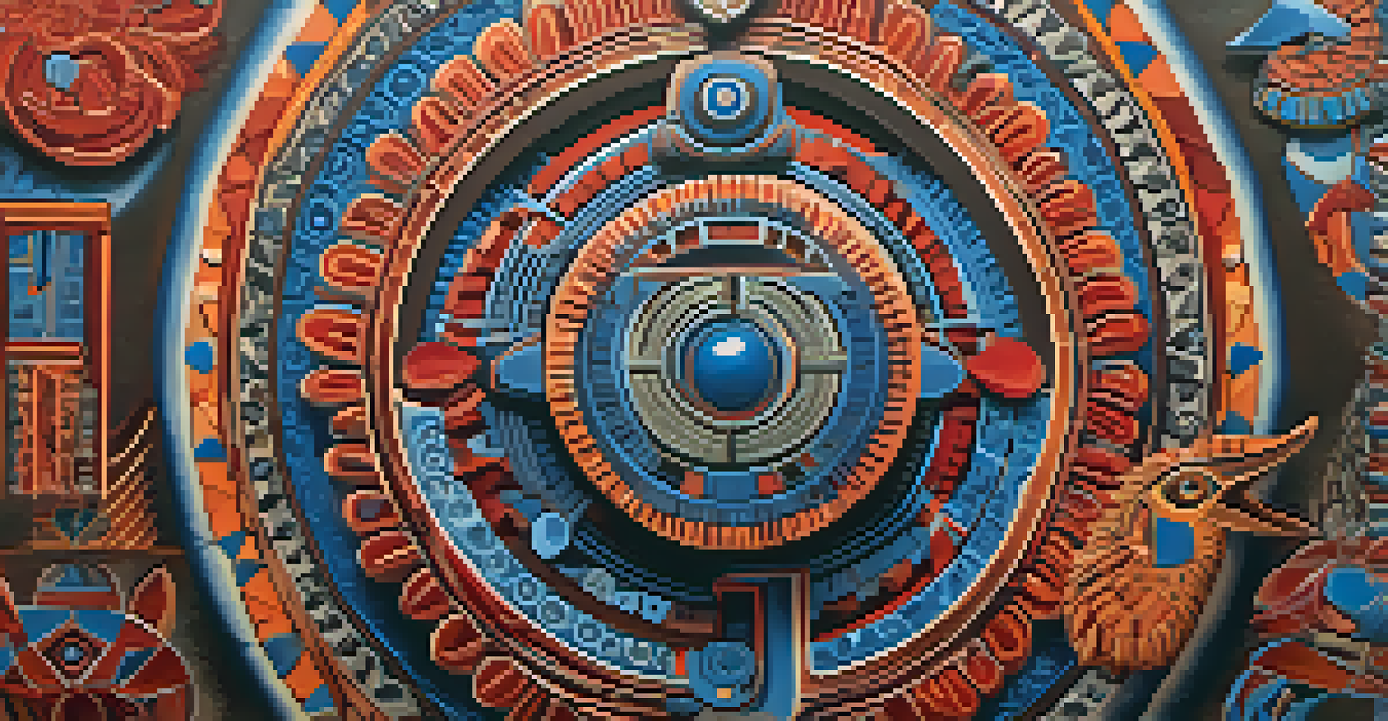 A close-up of a colorful painting featuring shamanic symbols and animal motifs, with intricate details and vibrant colors.
