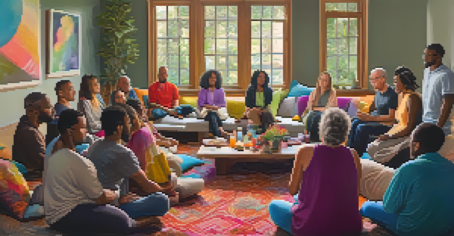 A cozy workshop setting with diverse participants sharing experiences, surrounded by colorful cushions and plants.