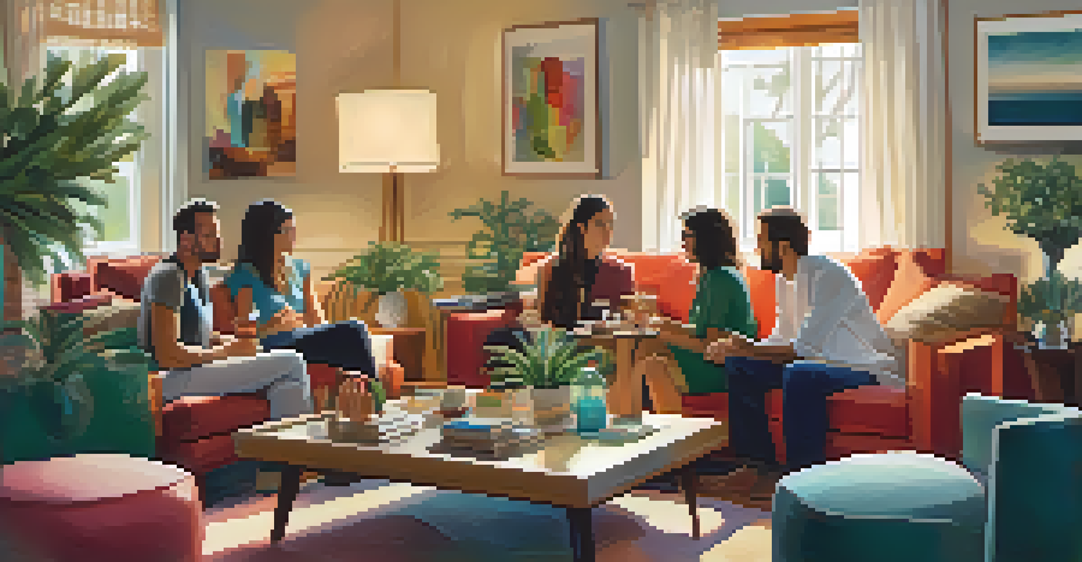 A cozy living room with friends sitting together, engaged in conversation with warm lighting and vibrant art.