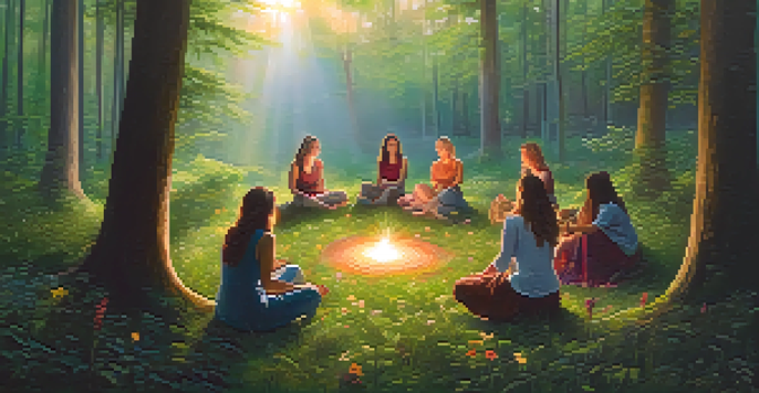 A group of women sitting in a circle in a forest, engaged in a sharing circle, with sunlight filtering through the trees and wildflowers around them.