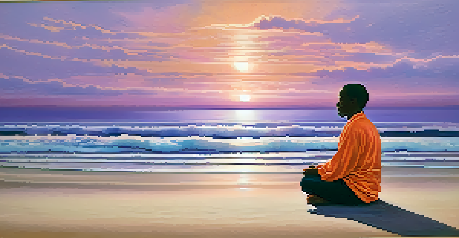 A person meditating on a beach at sunset, surrounded by colorful skies and ocean waves.
