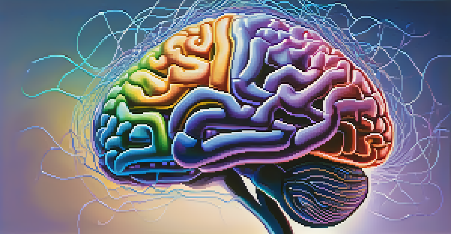 A close-up of a brain with glowing neural connections in vibrant colors on a soft gradient background, symbolizing healing and growth.