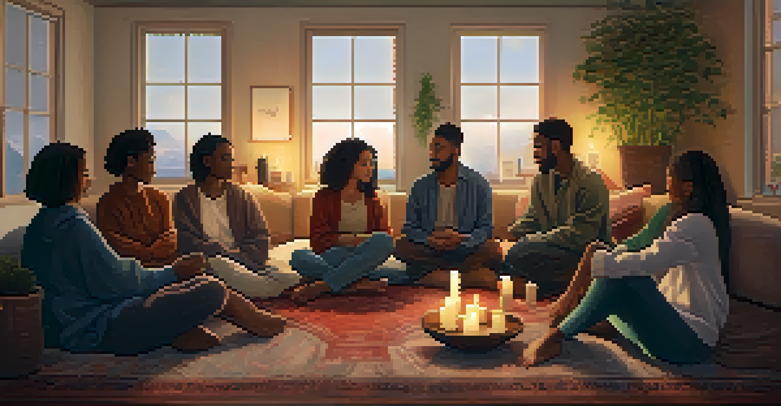 A cozy indoor sharing circle with participants discussing their experiences, surrounded by soft lighting and decorations.