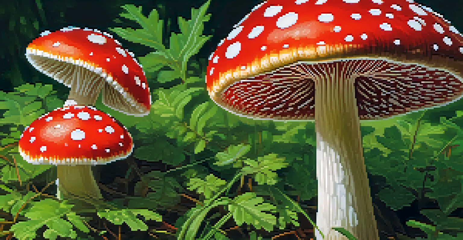 A close-up of a red and white spotted Amanita muscaria mushroom with dew drops, set against blurred green foliage.