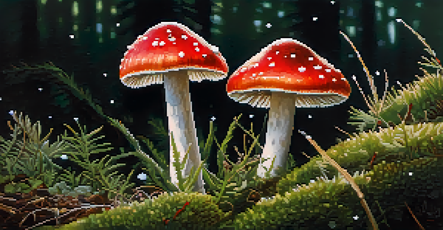 A close-up of a fly agaric mushroom with a bright red cap and white specks, surrounded by Arctic herbs, illuminated by soft sunlight.