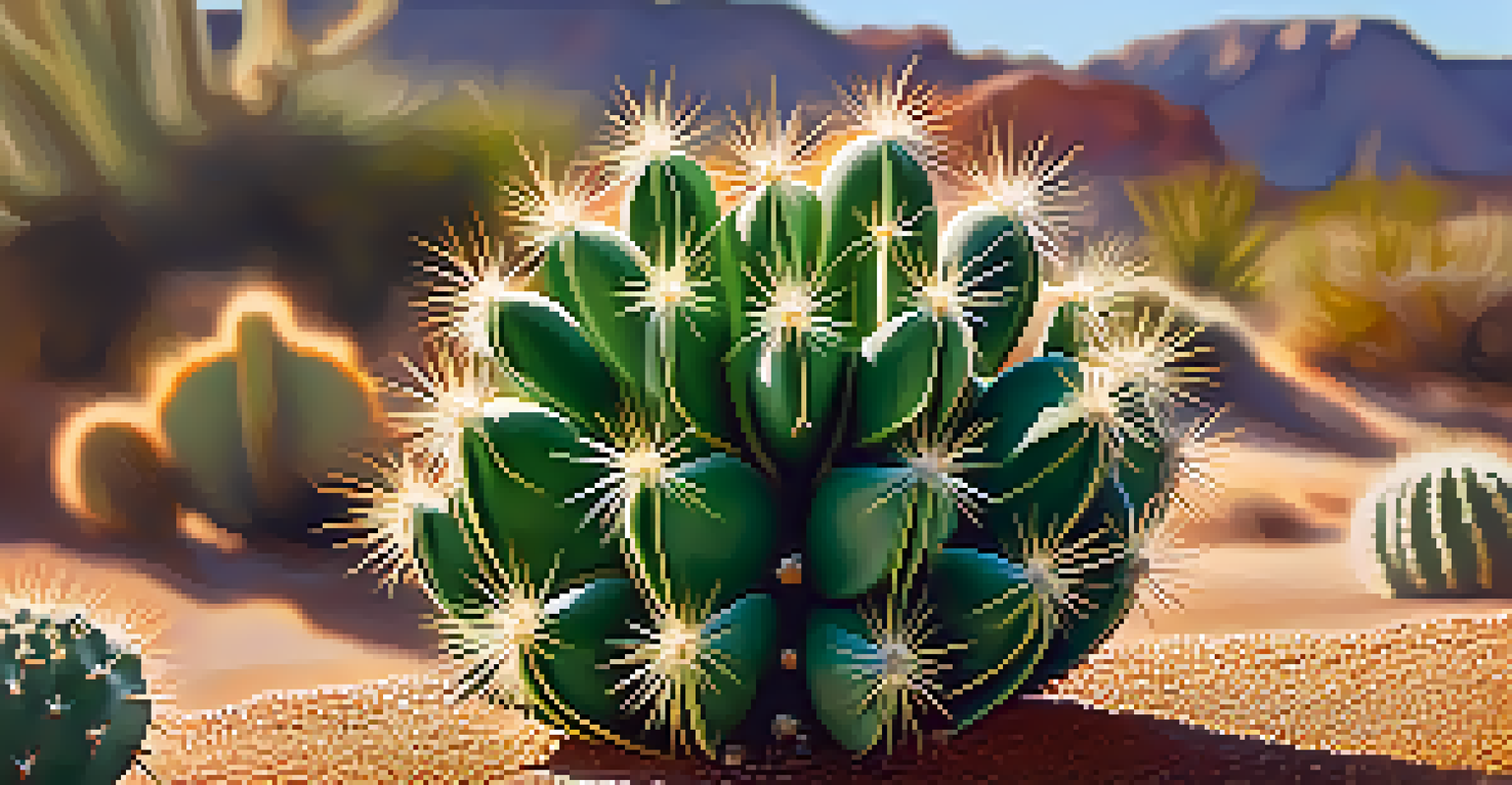 A close-up view of a peyote cactus, highlighting its spines and vibrant green color, with a blurred desert background.