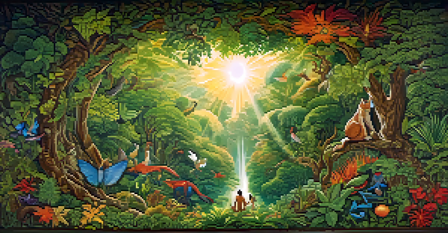 A colorful mural illustrating the connection between humans and nature, featuring intertwined plants and animals.