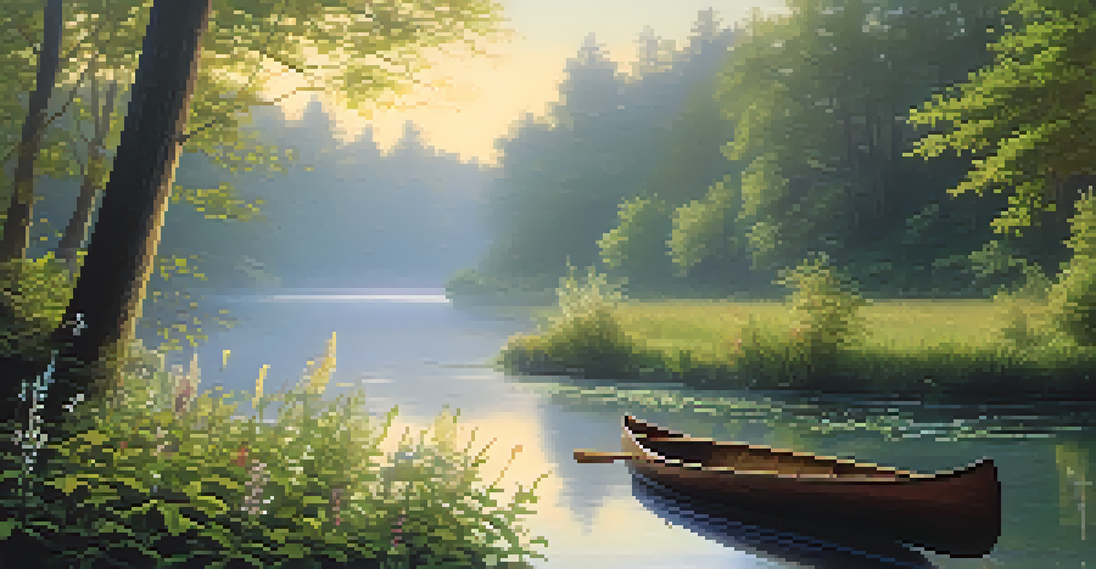 A peaceful forest at dawn with mist over a river, golden sunlight filtering through trees, and a canoe on the water.