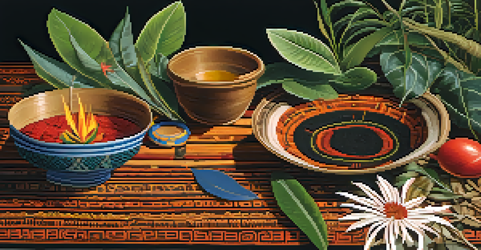 A close-up view of an Indigenous ceremonial setting with woven textiles, ayahuasca, and natural elements in warm lighting.