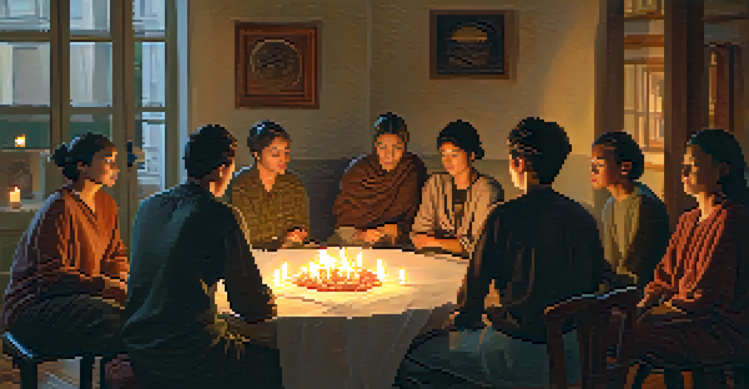 A cozy candlelit room where people are participating in a sharing circle, listening and supporting each other.