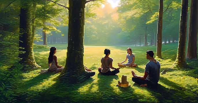 A diverse group of people meditating in a lush forest at dawn, with sunlight filtering through the trees.