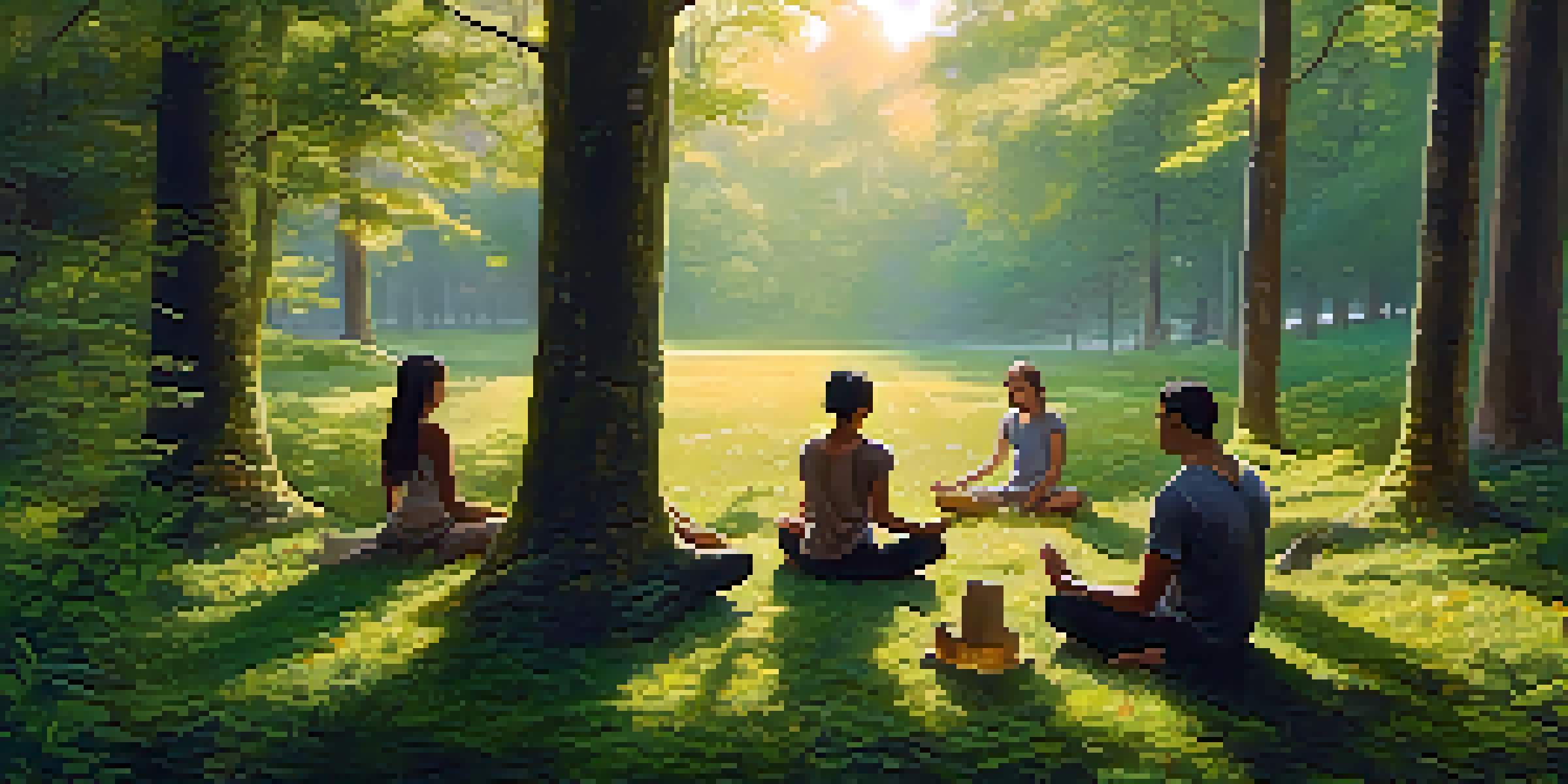 A diverse group of people meditating in a lush forest at dawn, with sunlight filtering through the trees.